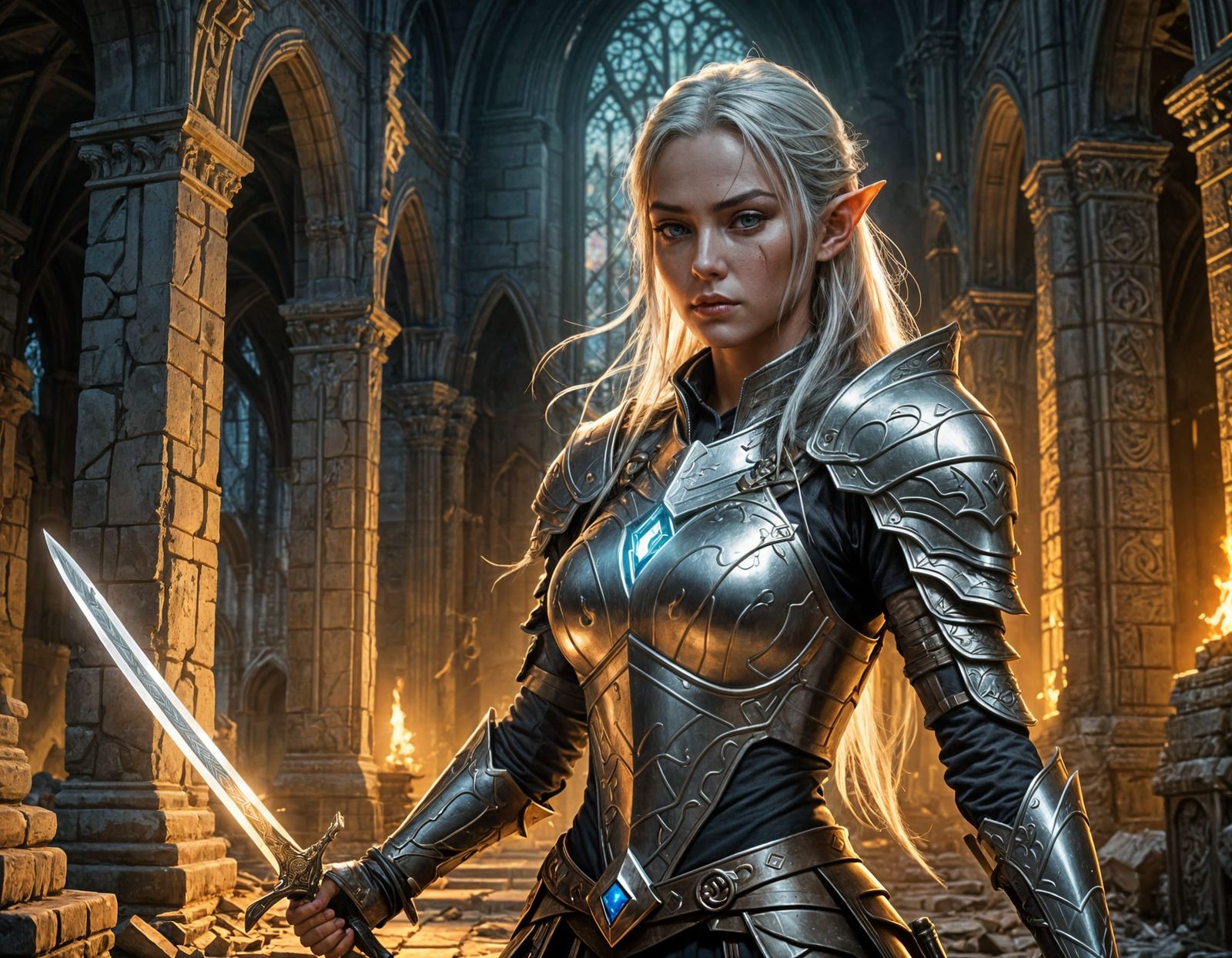 Elven Warrior Ready to Strike in Ruined Cathedral