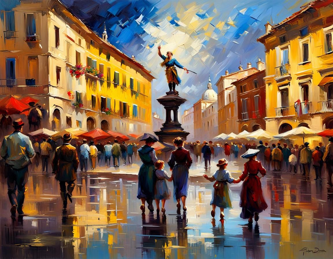 Piazza Navona Meeting: Impasto Oil Painting