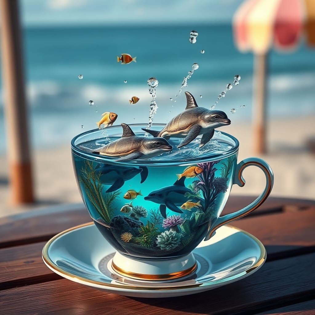 Teacup Aquarium by the Beach: Hyperrealistic Splash Art