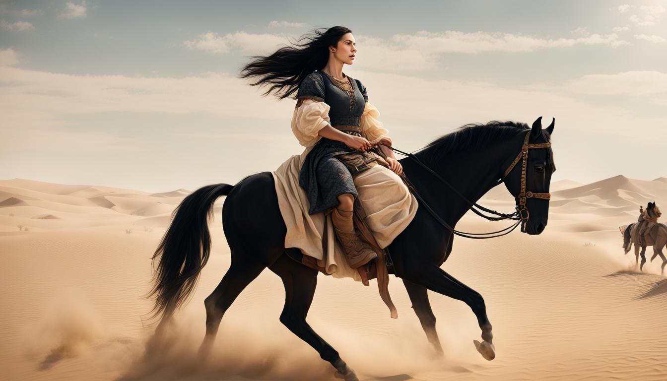 Renaissance Woman Rides Horse Across Desert