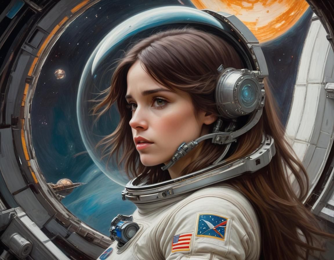 Android Woman in Space Station, Classical Oil Painting