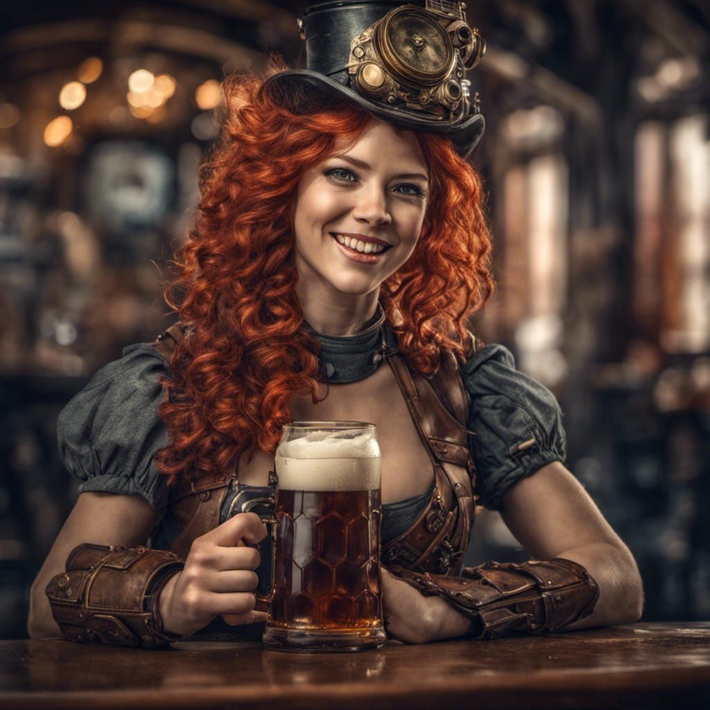 Steampunk Redhead with Beer, Hyperrealistic Detail
