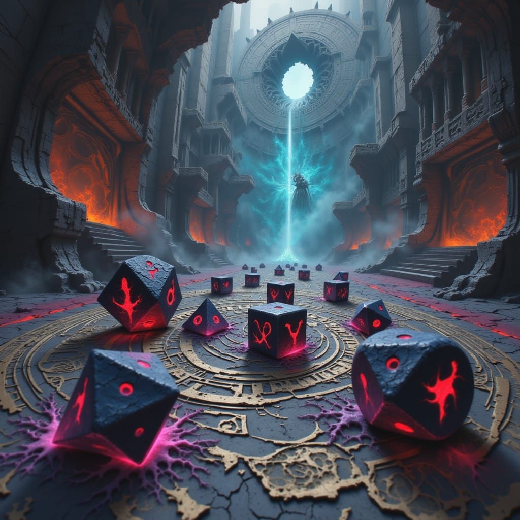 Fantasy Dice on Elaborate Board with Surreal Dreamscape