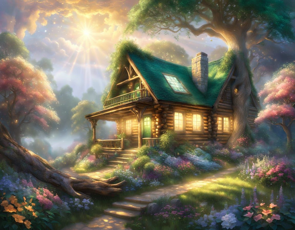Majestic Log Cabin in Ethereal Forest Garden