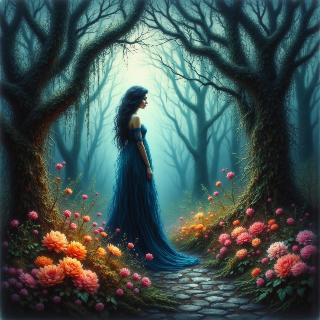 Woman in Mystical Forest with Luminescent Flowers