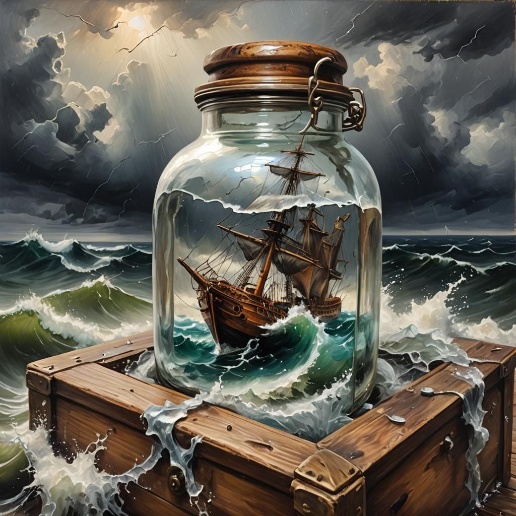 Miniature Ship in Glass Jar During Storm, Oil Painting