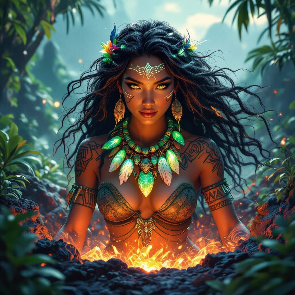 Bioluminescent Polynesian Goddess Emerges from Volcano