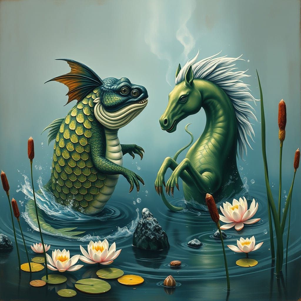 Aquatic Deities Clash in Vibrant Impressionist Dreamscape