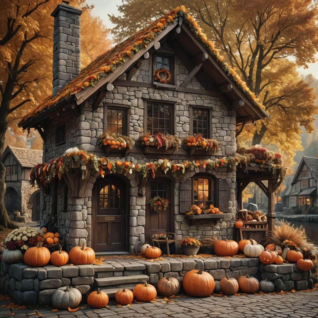 Fantasy Ticket House in Autumn, Rustic Stone Design