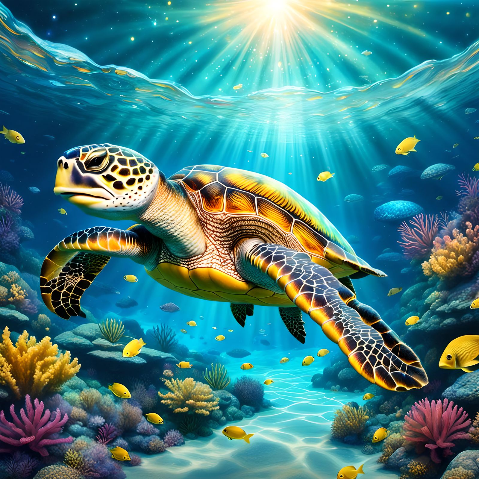 Sea Turtle in Sparkling Ocean: Holographic Astral Illustrati...