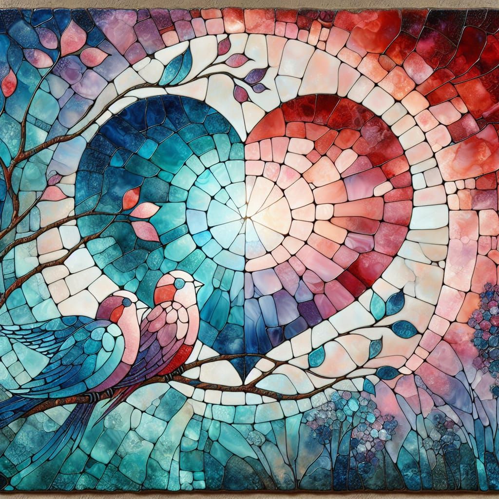 Surrealistic Love Birds in Pink and Aqua Blue Perched on a H...