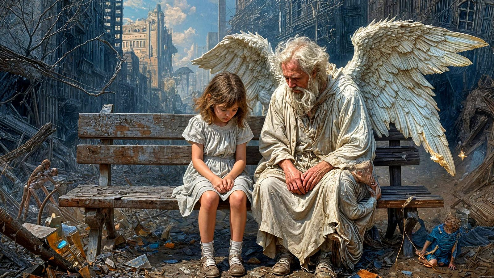 Girl and Angel in Post-Apocalyptic City Surrealism Painting