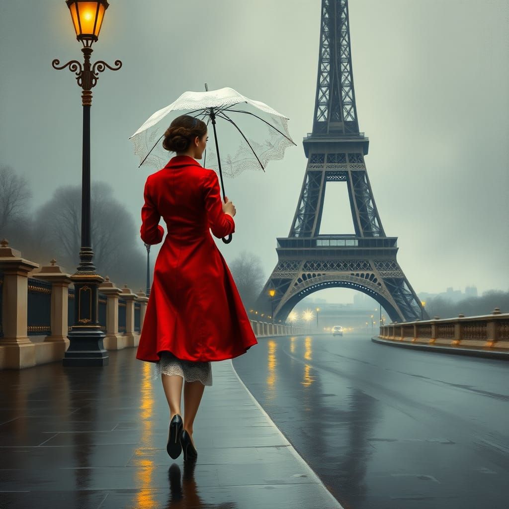 Woman in Red Coat Walking in Rainy Paris