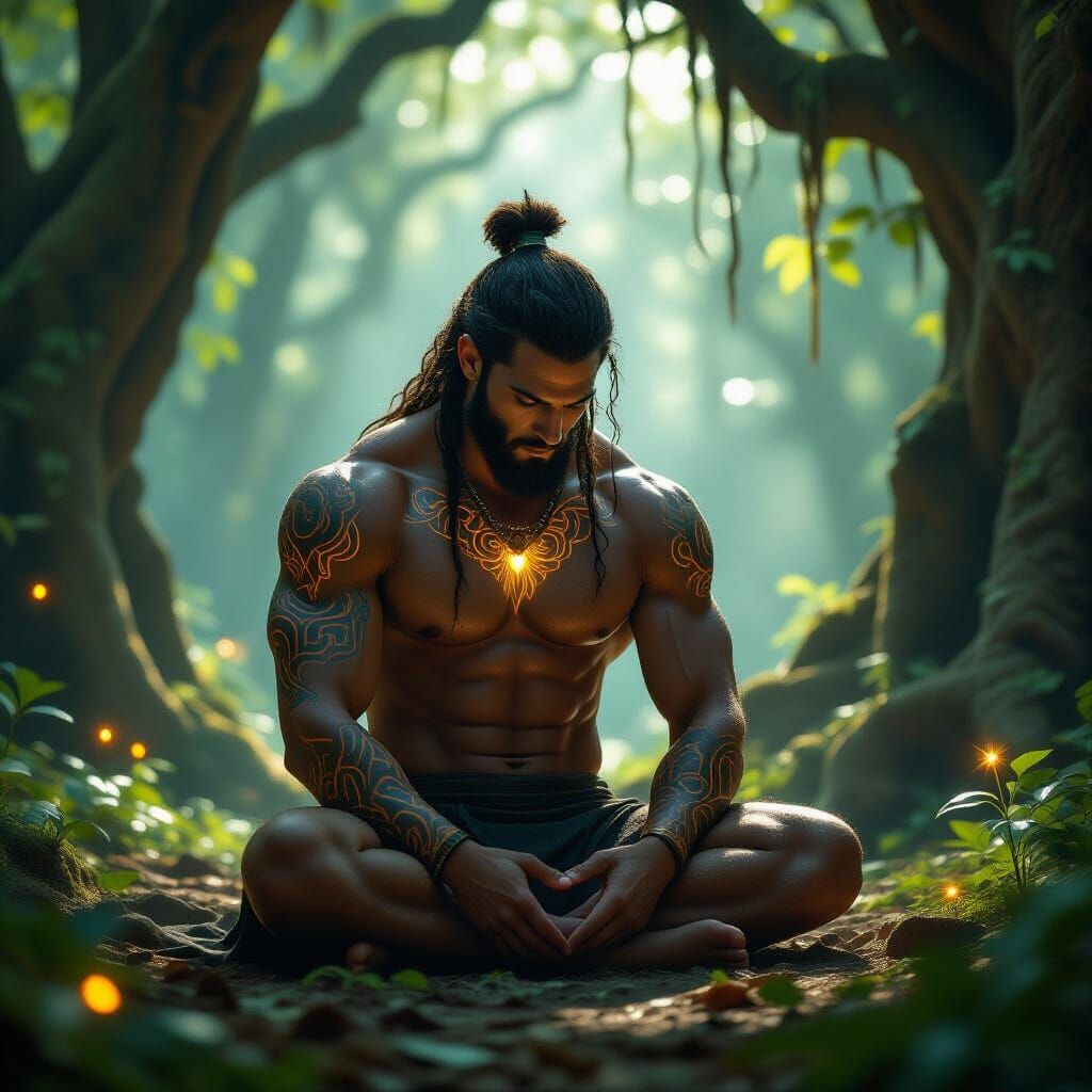 Demigod Meditating in Bioluminescent Grove: Cinematic Still