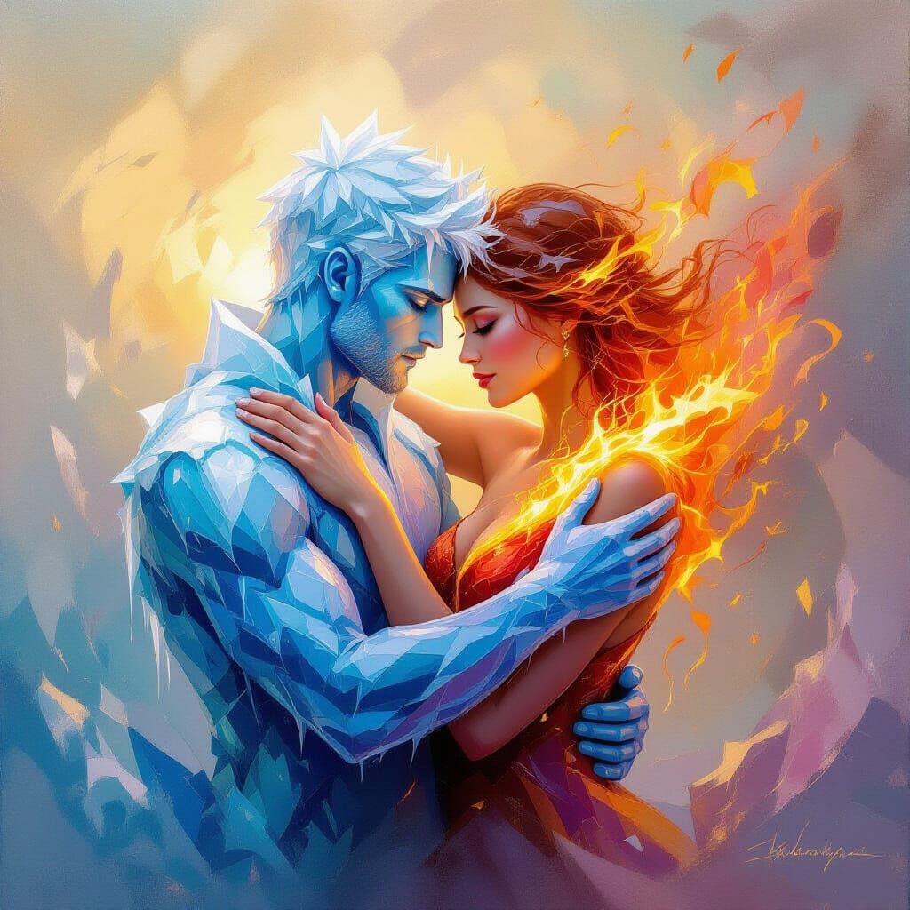 Fiery and Icy Beings Embrace in Vibrant Oil Painting
