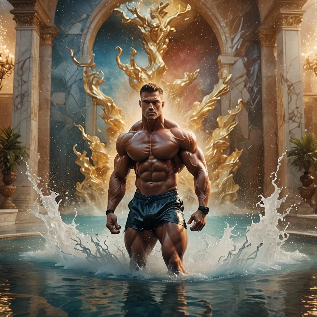 Bodybuilder in Marble Pool: Photorealistic Fantasy Art