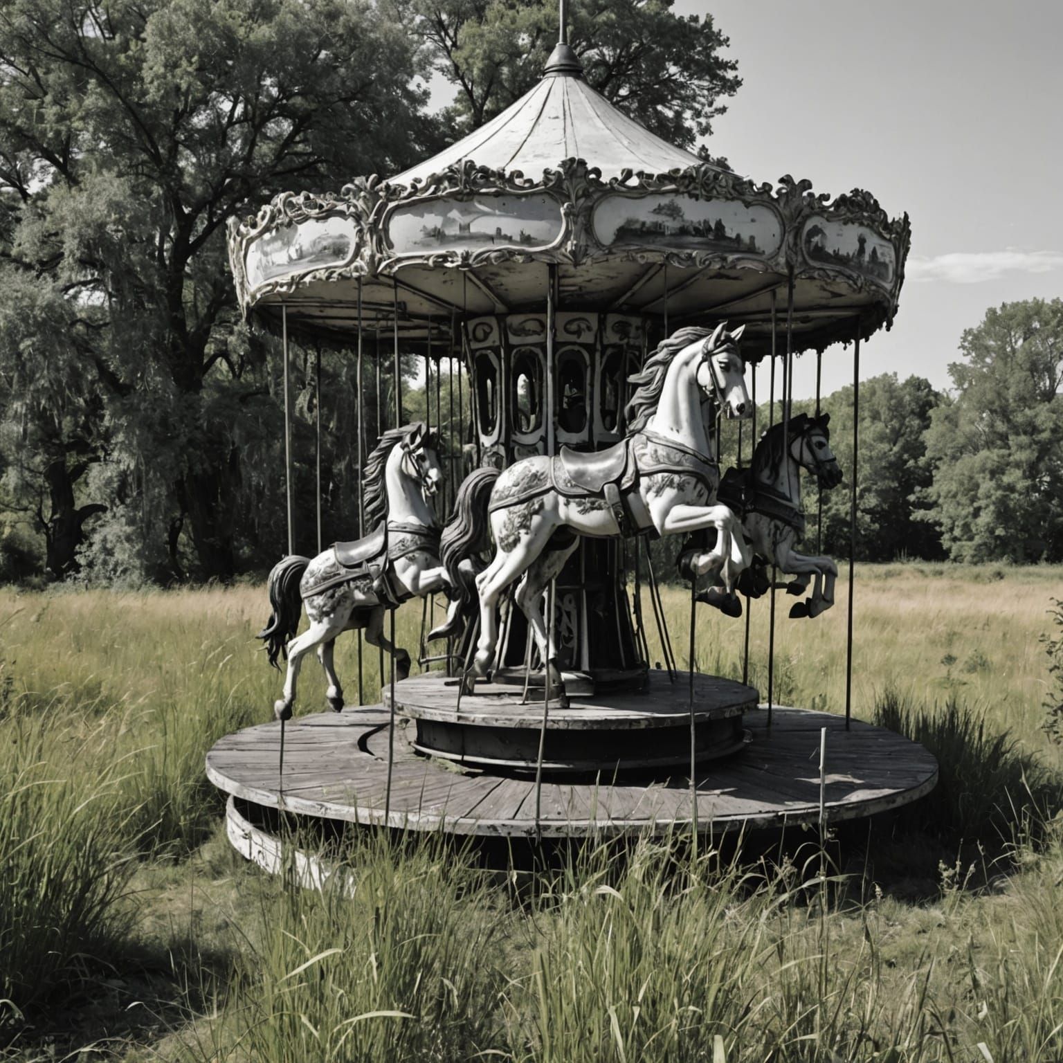 Abandoned Carousel: A Monochrome Study of Time's Passage