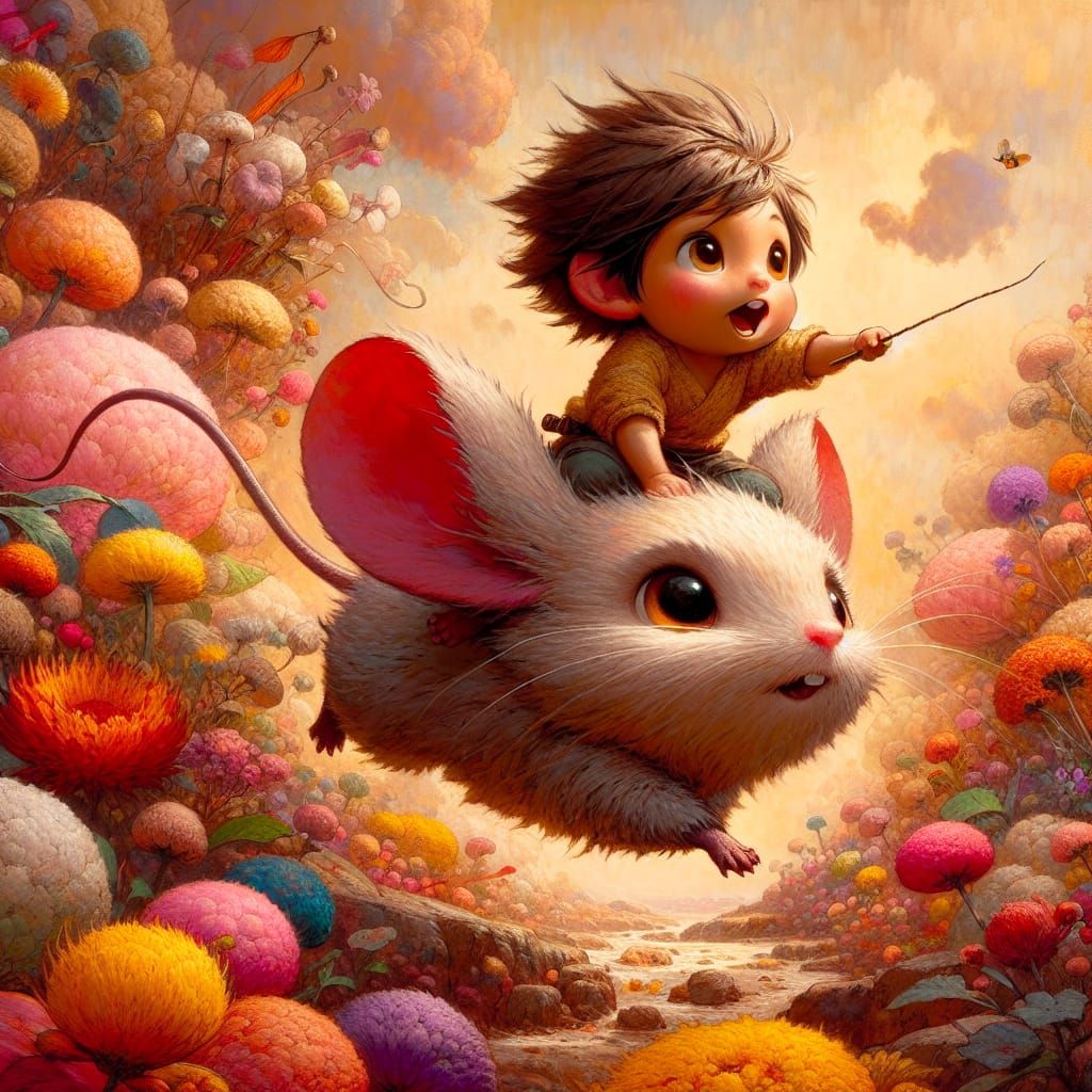 Child and Giant Mouse Leap Through Blooming Landscape