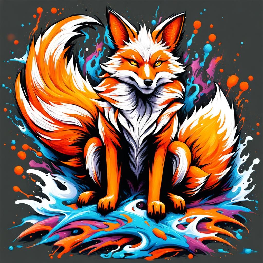 Colorful Nine-Tailed Fox Graffiti Art