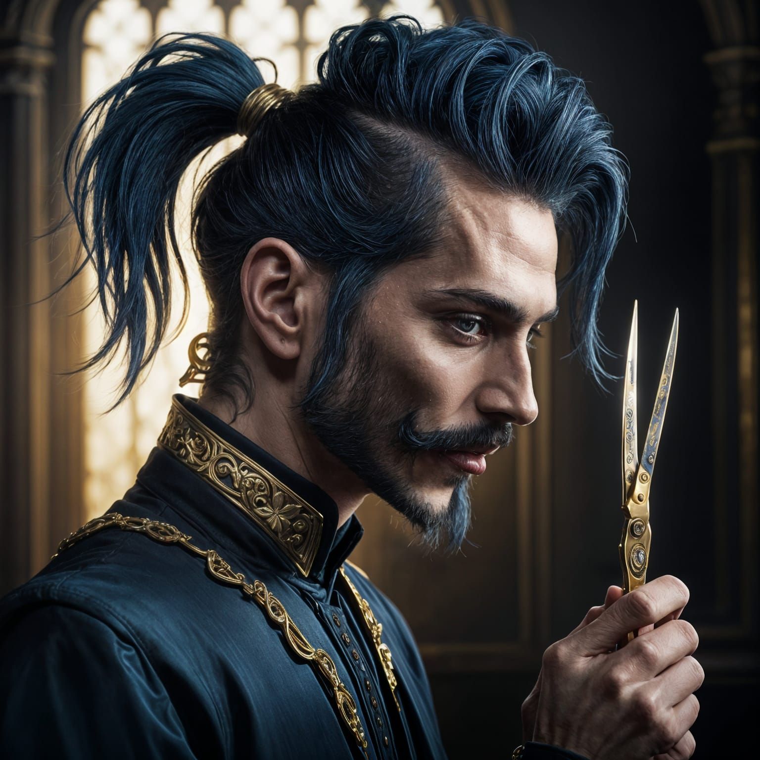 Goth Man with Gold Scissors: Detailed Gothic Painting