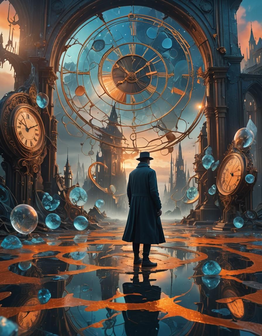 Surreal Dreamscape with Melting Clocks and Mirrors