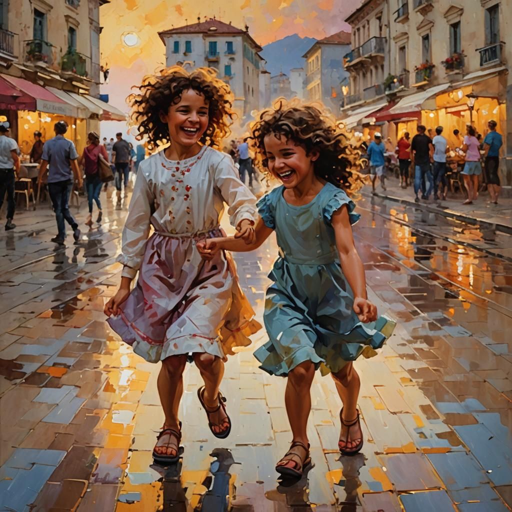 Joyful Italian Sisters Play in Sunset Plaza