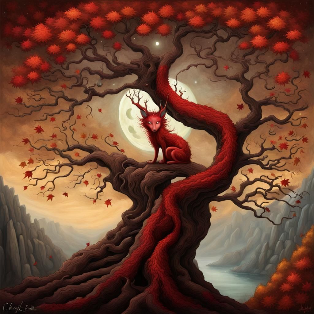 Mythical Creature in Autumn Tree: Surreal Fantasy Art