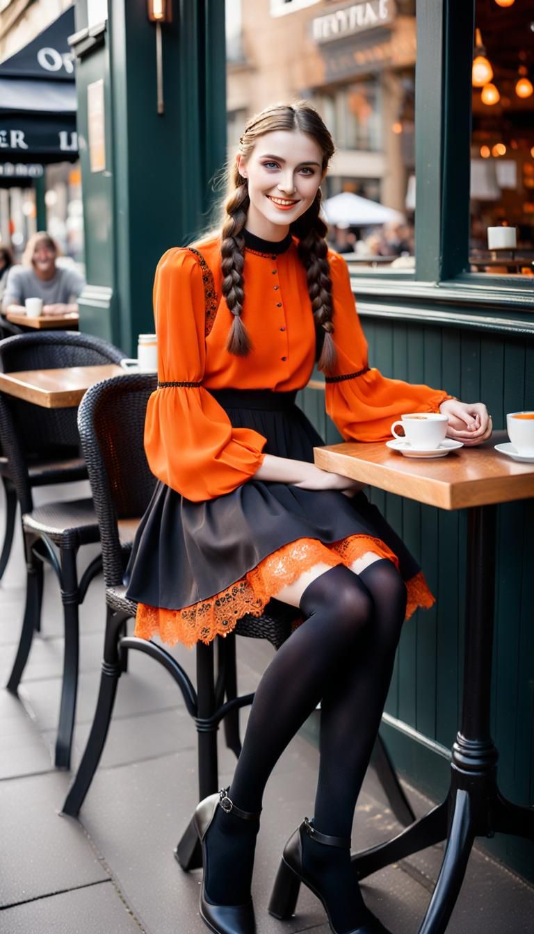 Pretty Girl in Orange Dress at Cafe, Hyperrealistic