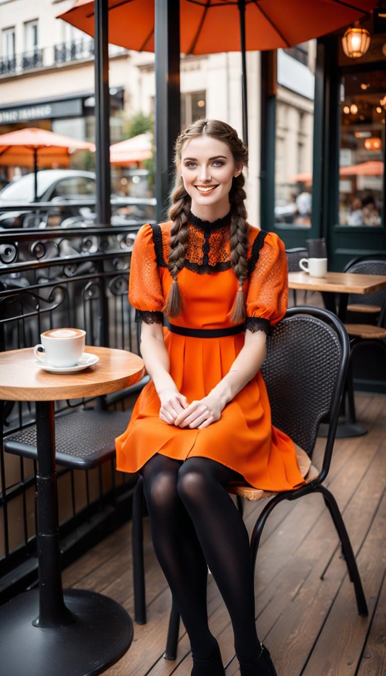 Girl in Orange Dress at Cafe, Cinematic Photography
