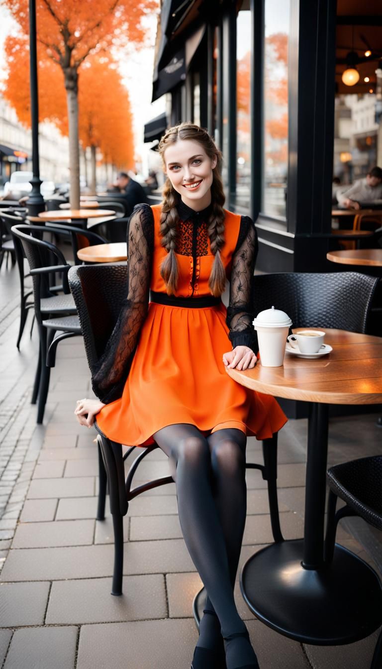 Girl in Orange Dress at Cafe, Hyperrealistic Style