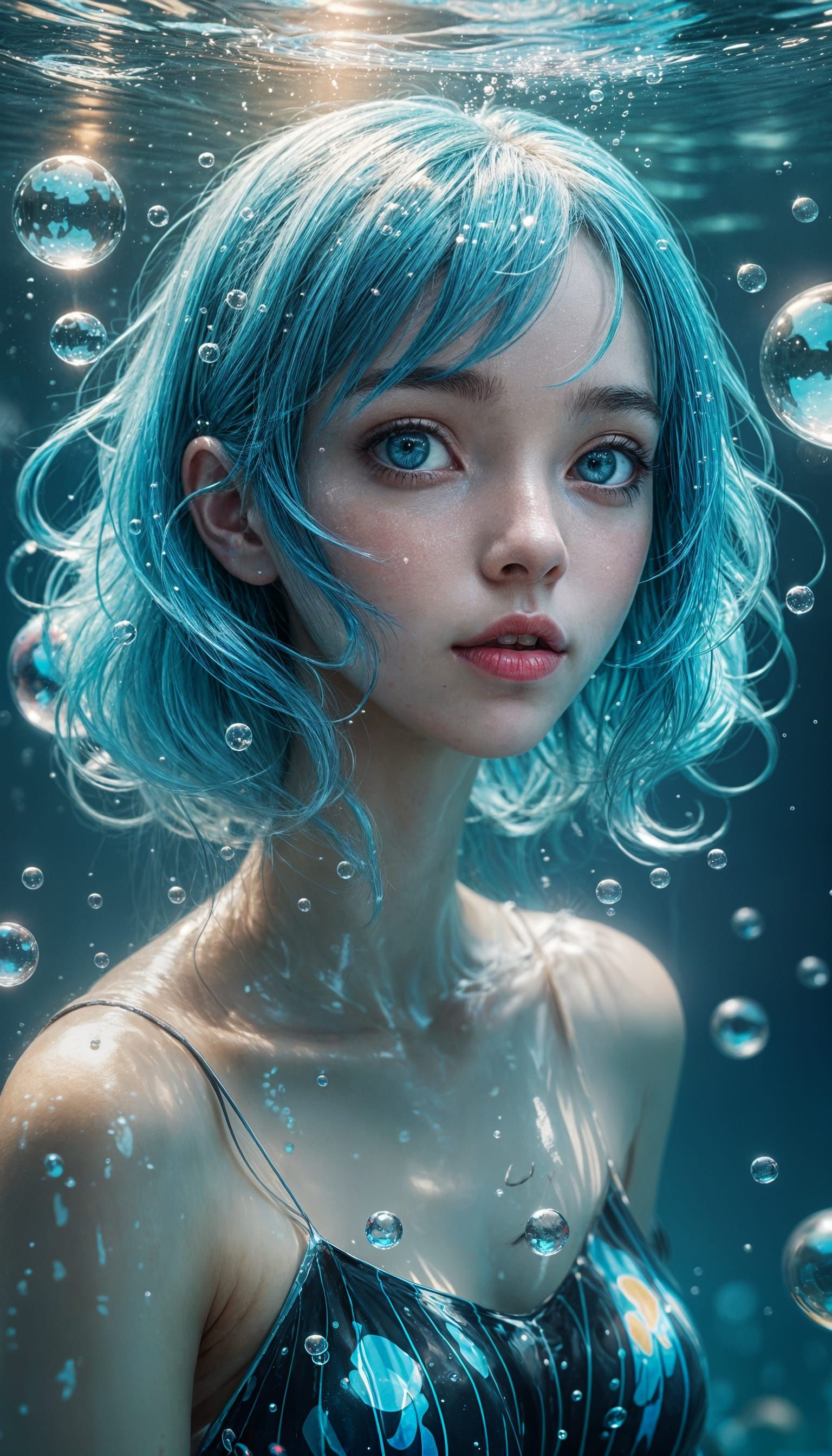 Anime Girl Portrait Underwater with Glowing Eyes