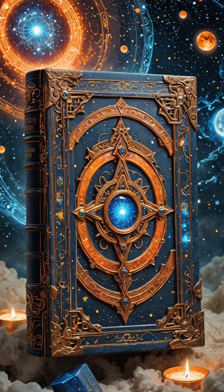 Ancient Tome on Cosmic Altar, Vibrant Sci-Fi Fantasy Art