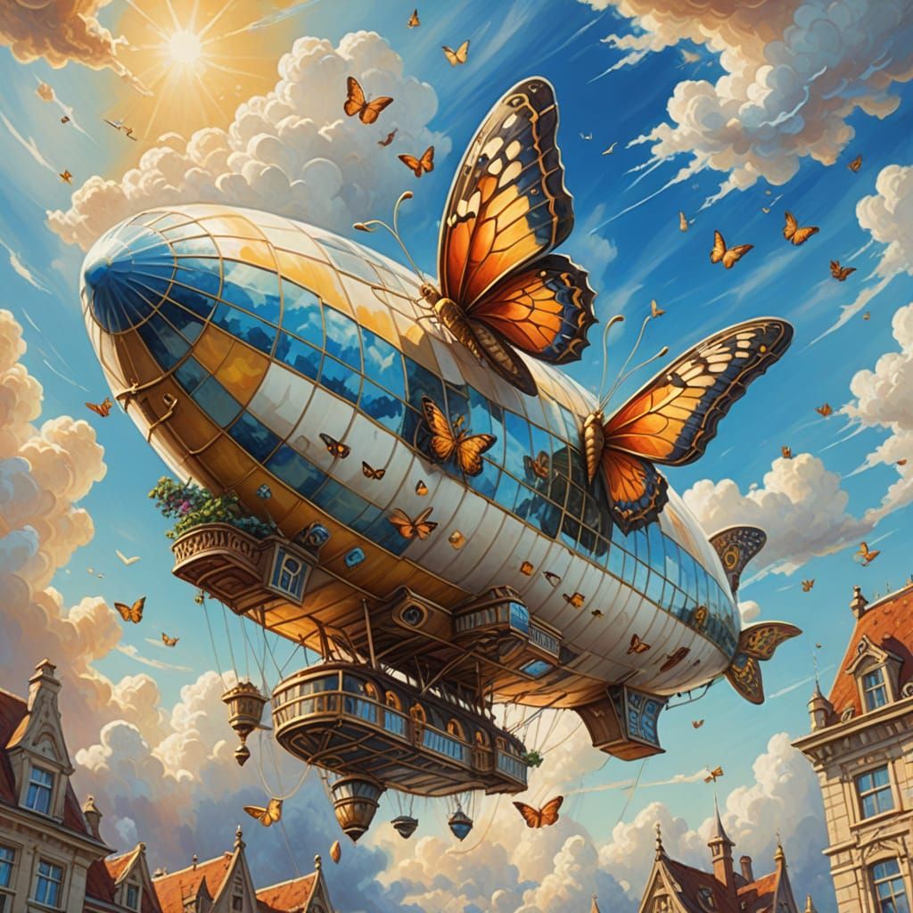 Butterfly Zeppelin Ascends in Whimsical Oil Painting
