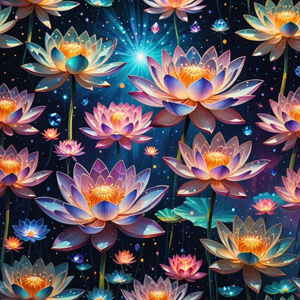 Crystal Lotus Flowers in Starry Expanse