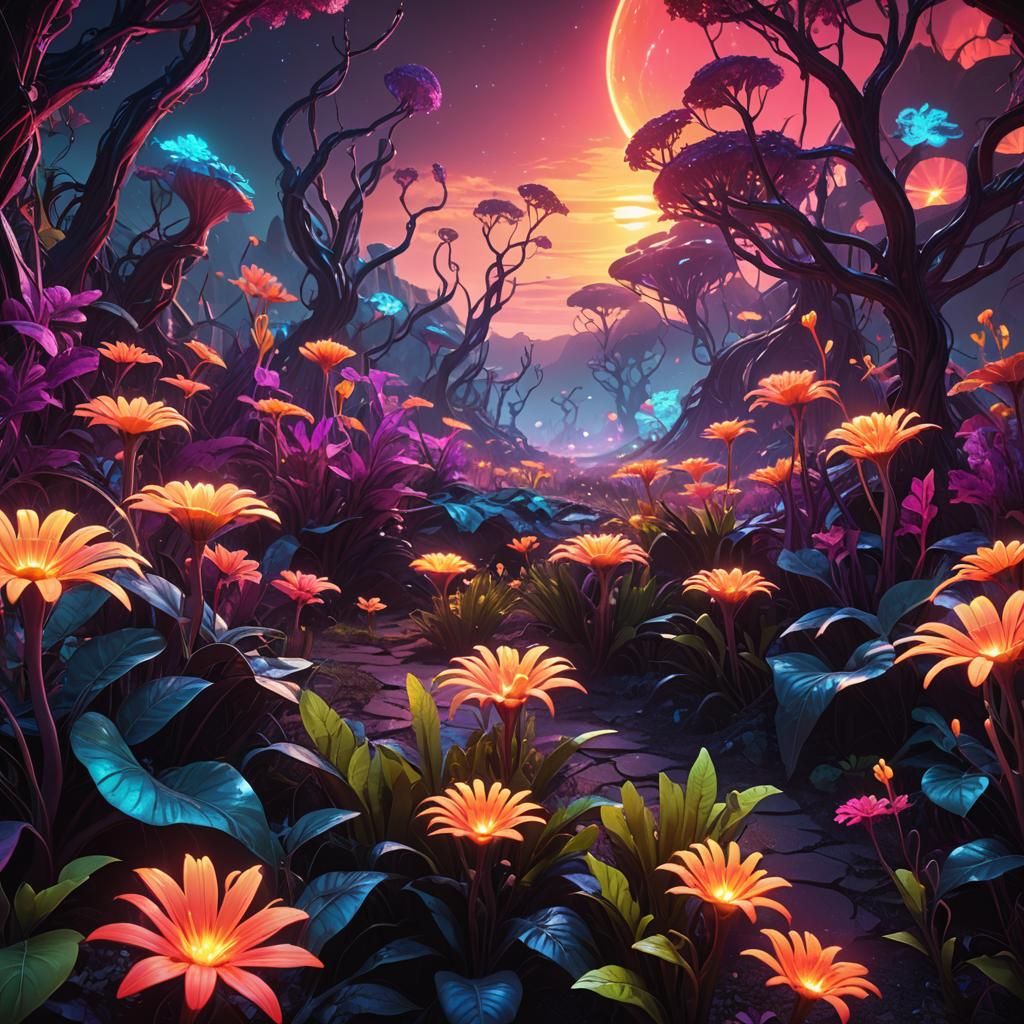 Fluorescent Alien Plants in Vibrant 3D Render