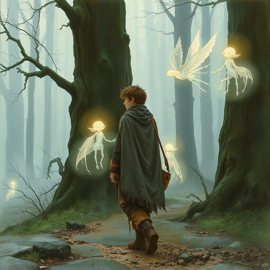 Mystical Traveller Meets Ethereal Elves in Dreamy Woodland