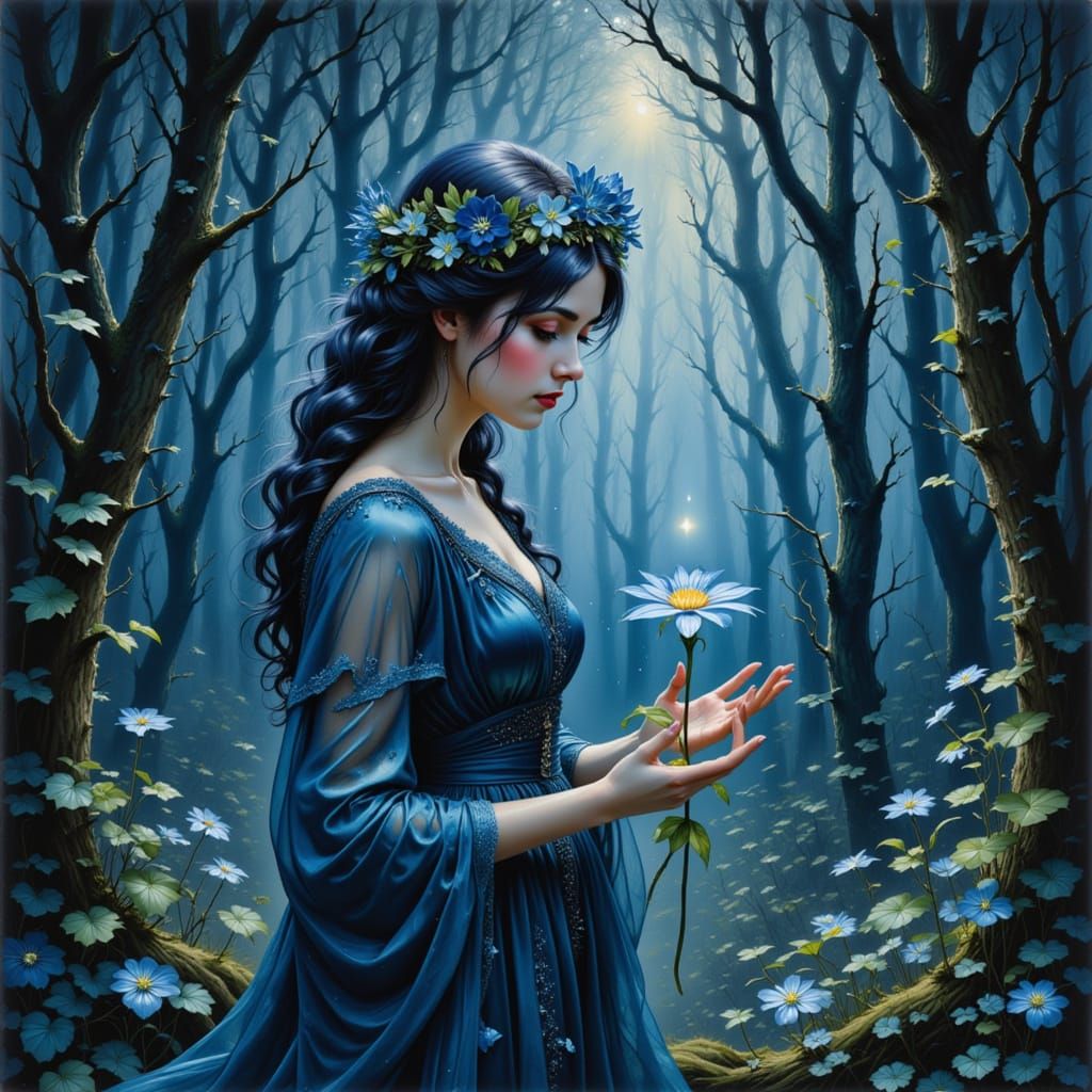 Mystical Lady with Glowing Flower in Forest