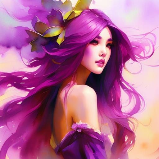 Purple-Haired Beauty in Watercolor Illustration