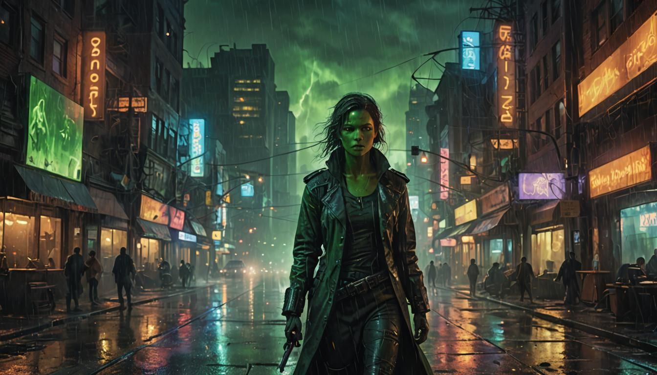 Cyborg Orc Woman in Cyberpunk City at Night