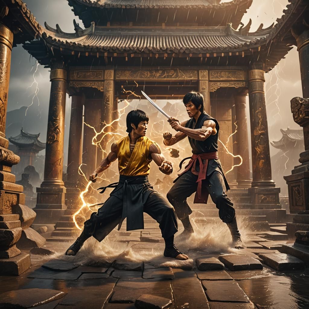 Bruce Lee and Chuck Norris Fight in Fantasy Temple