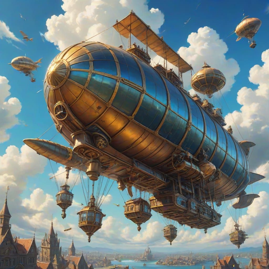 Steampunk Airships in Neon Poster Art Style