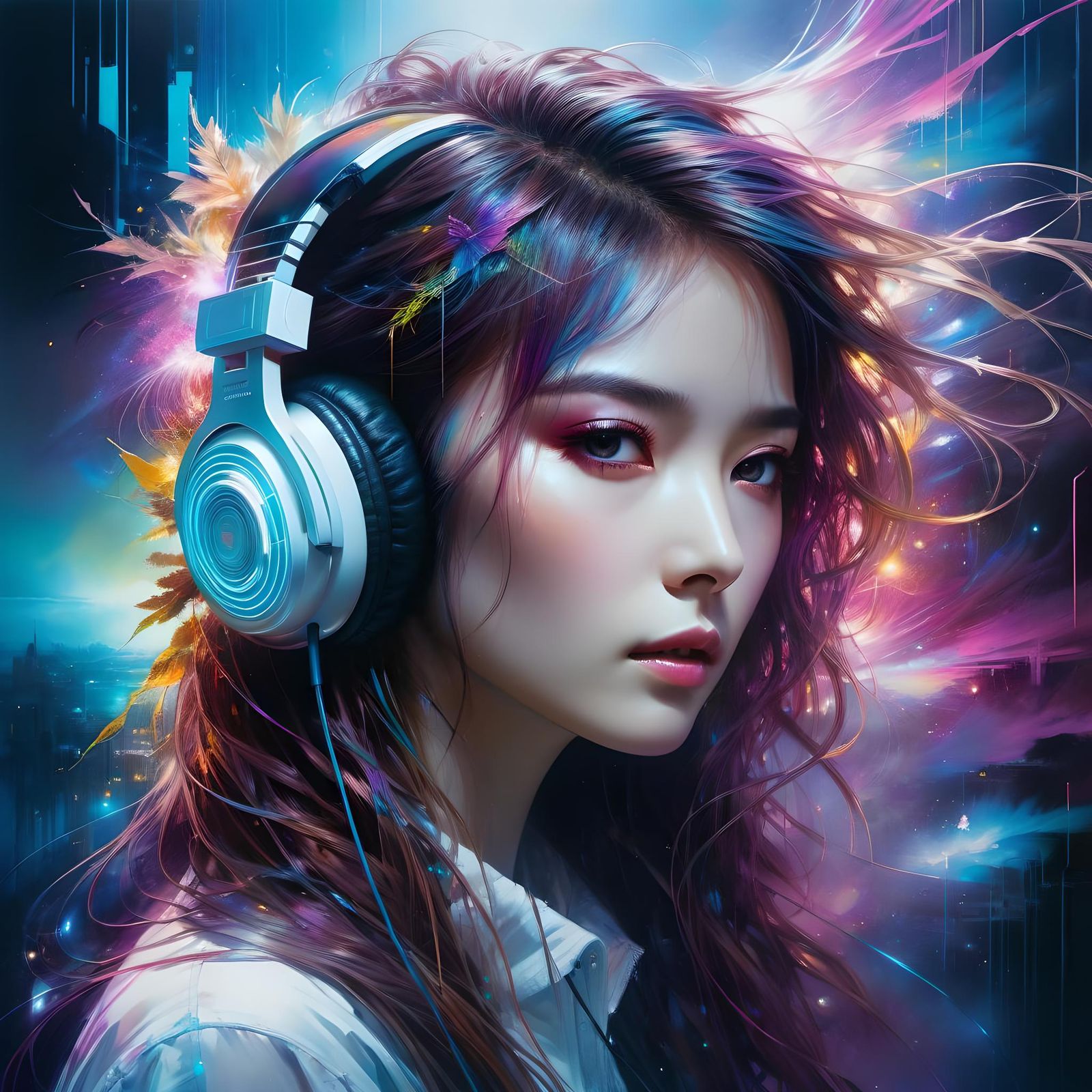 Cyberpunk Headphone Girl Portrait in Ethereal Lighting