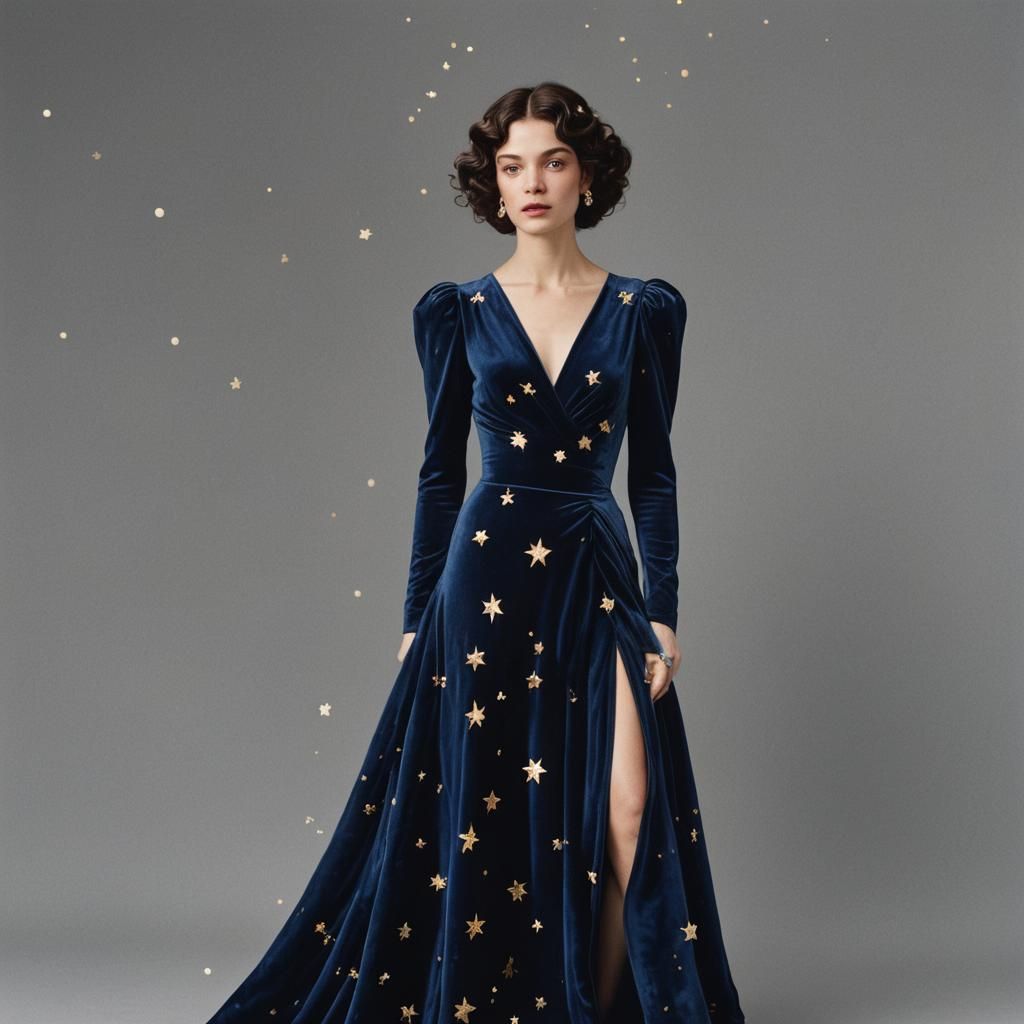 Celestial Woman in Velvet Gown with Stars