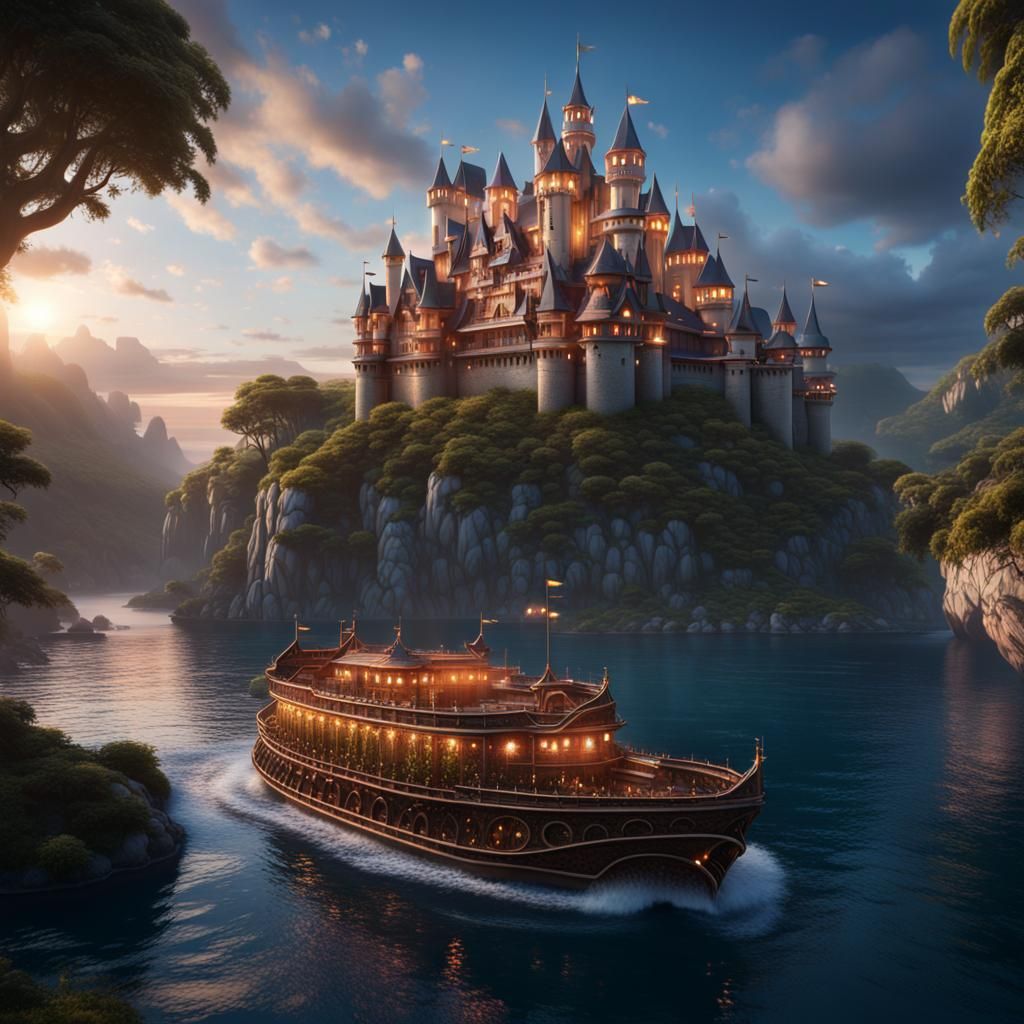 Cruise Ship Sailing from Paradise Castle: Fantasy Concept Ar...