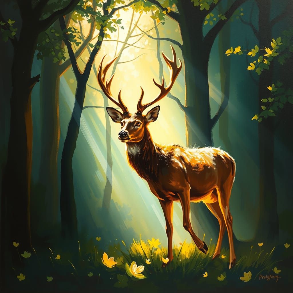 Dappled Forest Guardian: Impressionistic Oil Painting