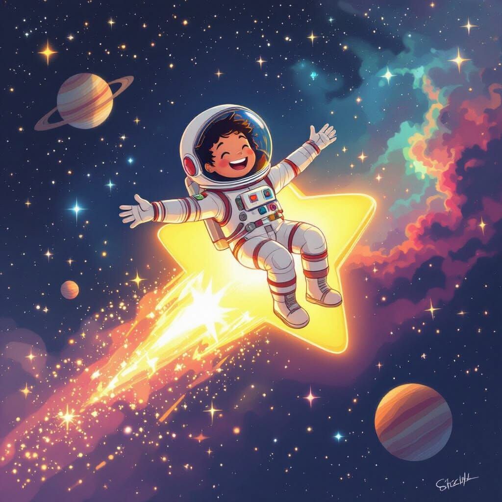 Astronaut Rides a Star Through Space in Digital Art