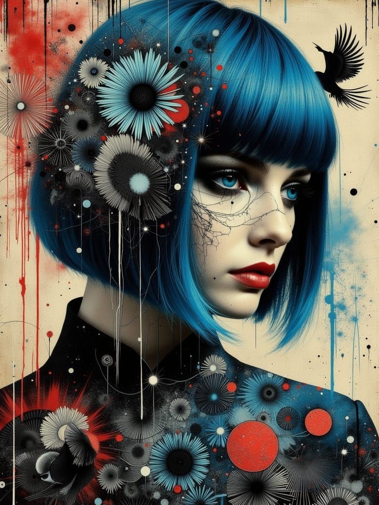Gothic Surreal Portrait of a Blue-Haired Woman