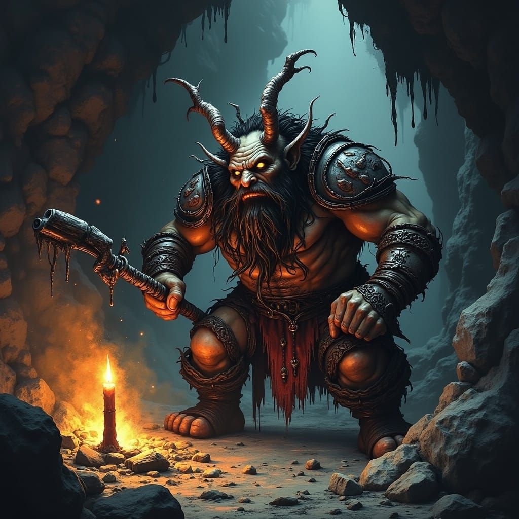 Dwarf Warrior in Candlelit Cavern