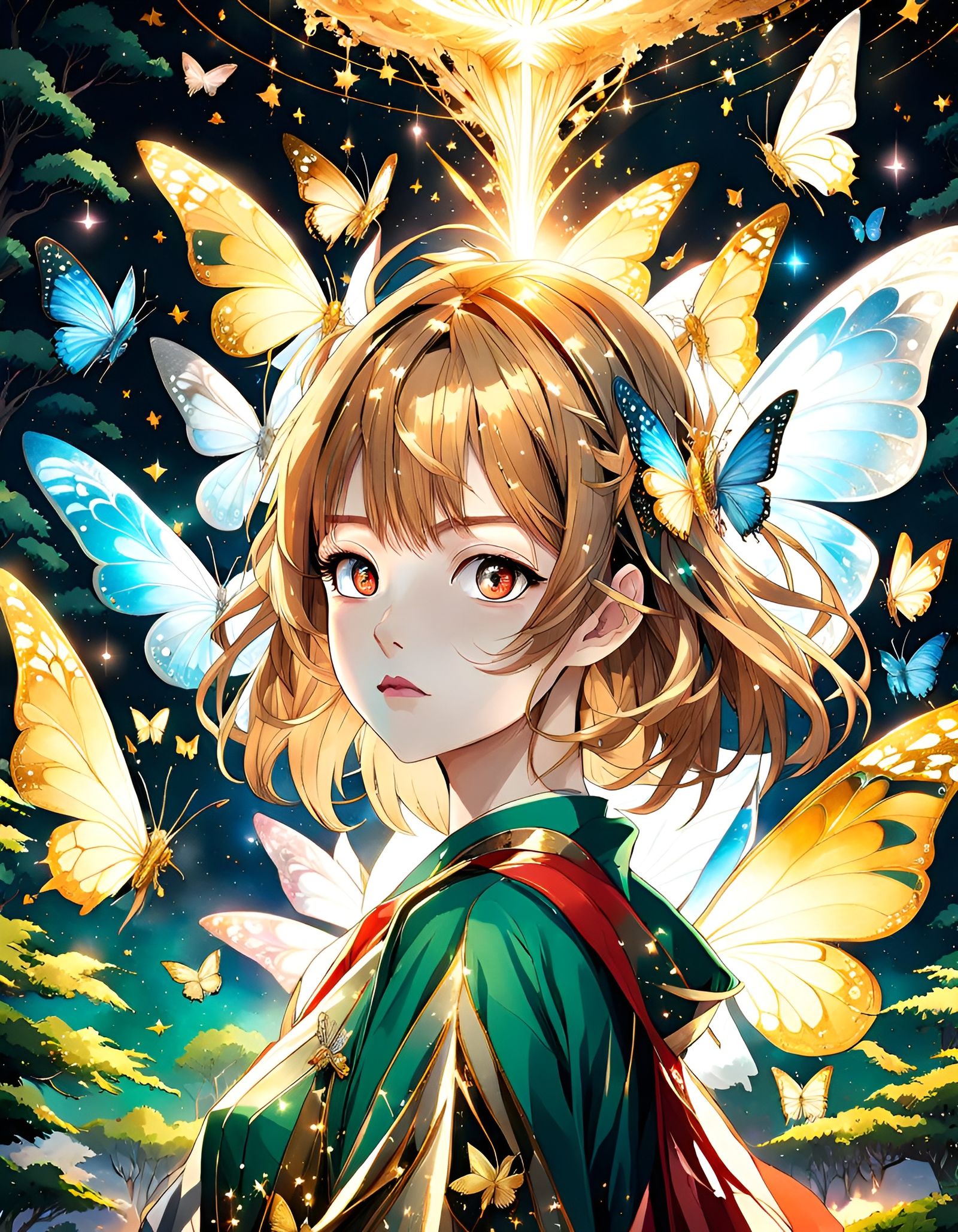 Anime Forest Landscape with Golden Butterfly Stars