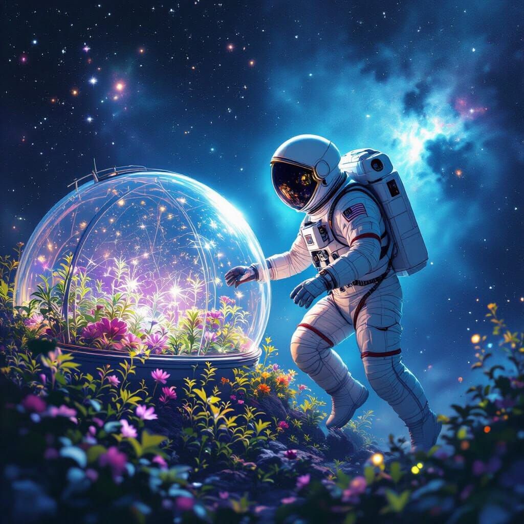 Astronaut Tending Bioluminescent Garden in Nebula